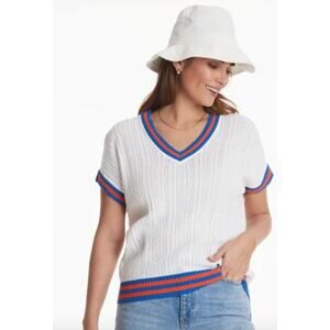 Tyler Boe Pointelle Striped Cricket Tennis Vest Popover Boxy sz S Red White Blue
